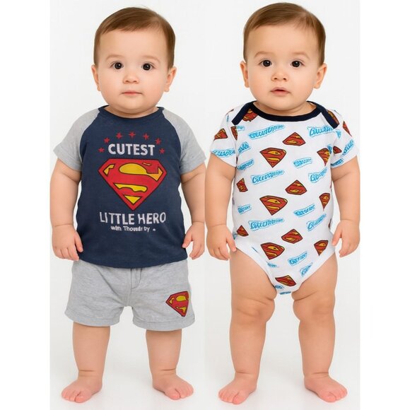 0-3 Months Baby SUPERMAN DC Comics Short Sleeve T Tee Shirt Shorts INFANT BOY - Picture 1 of 13